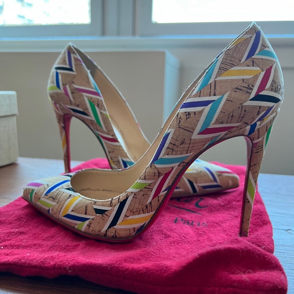 Christian Louboutin Pigalle Follies Cork Chevron 100 Pump  Heel - Size 35.5